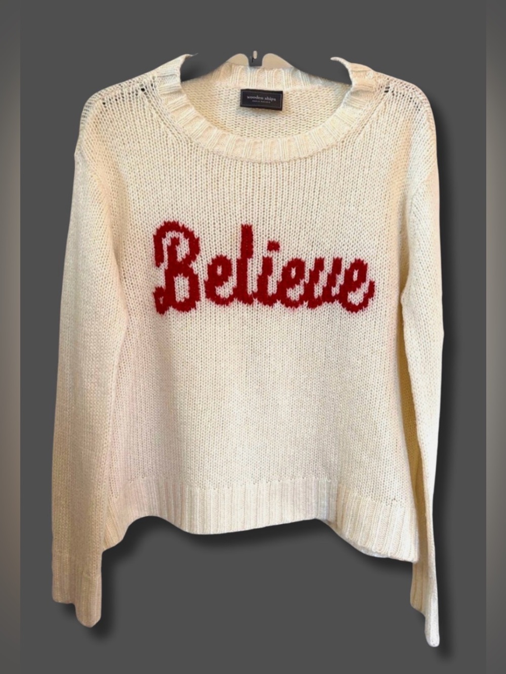 Wooden Ships Believe Sweater S/M Ivory Red Holiday Christmas Mohair Wool